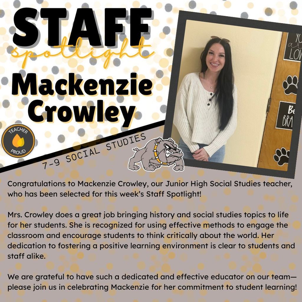 infographic with yellow and grey dots, a bulldog mascot and picture of the teacher.