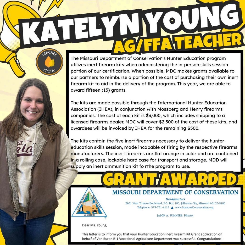Light yellow background with bright yellow graphics. Teacher in rugged vest and hoodie, she is smiling. Includes words describing the Hunter Education grant.