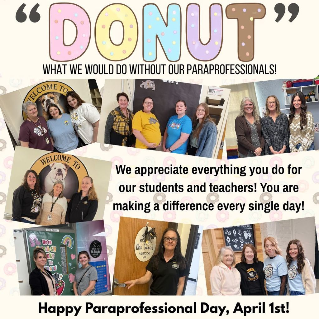 A Paraprofessional Day appreciation graphic featuring the pun "DONUT what we would do without our paraprofessionals!" and a collage of six photos showing various school staff members.