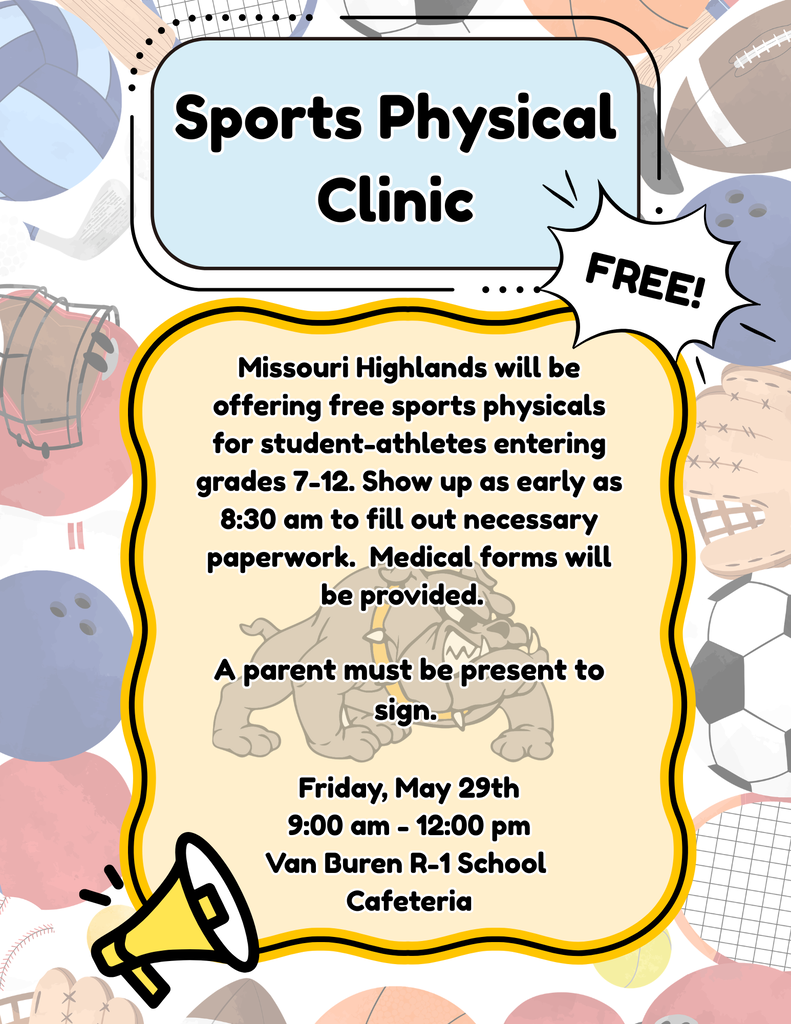 Free Sports Physicals Friday, May 29th in the Cafeteria from 9:00-12:00. 