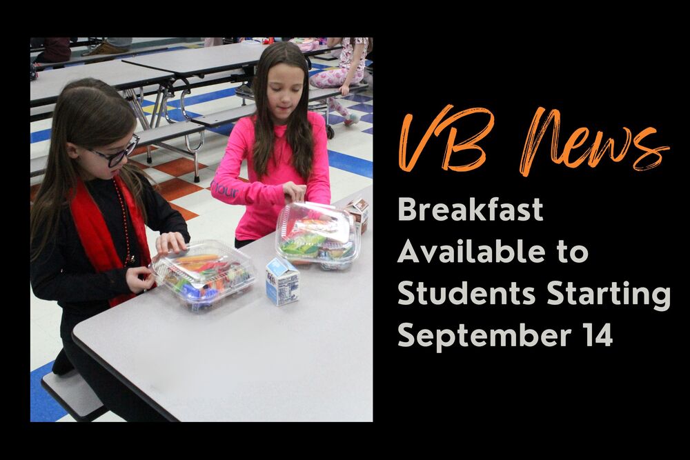 Graphic for the article "Breakfast Available to Students Starting September 14" showing two students eating their lunch in the cafeteria.