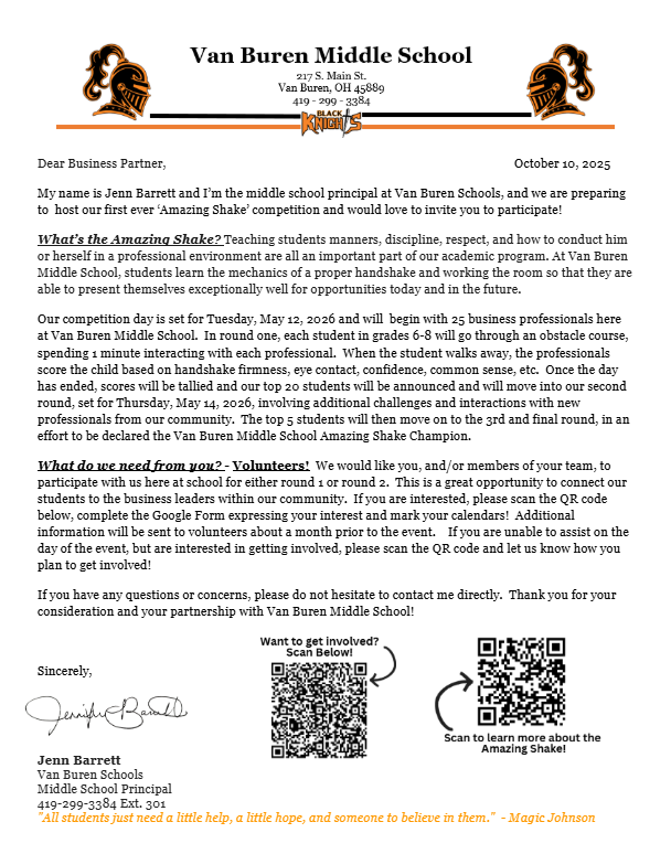 Amazing Shake informational letter