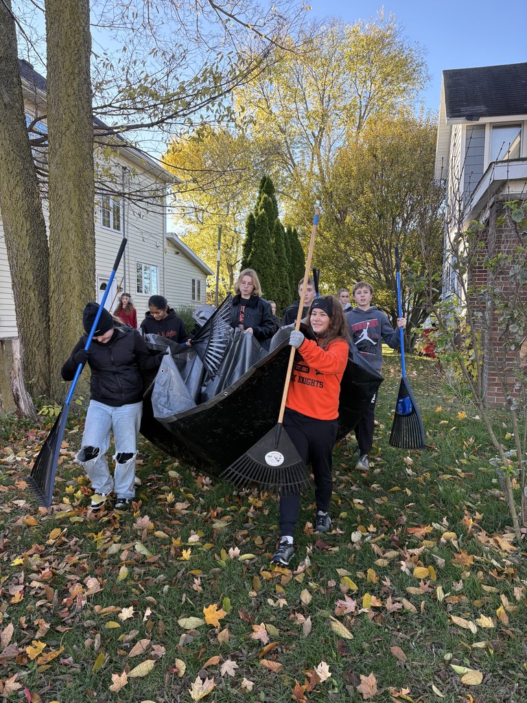 Students carry a tarp full of leaves.