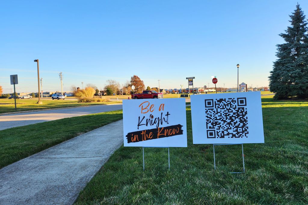 Knights in the Know signs at the corner of Bluestone and Timberstone Drive.