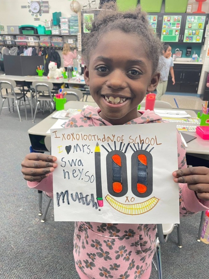 A student shares her appreciation of Mrs. Swaney and the number 100.