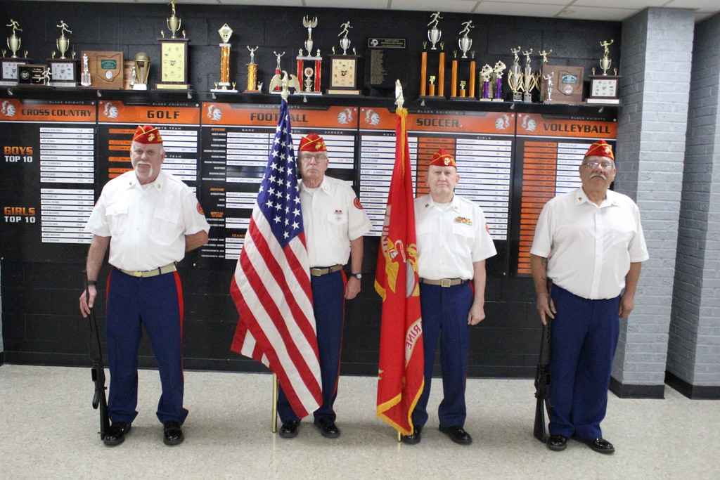 The Marine Corps Color Guard presented the colors at the Arts Extravaganza.