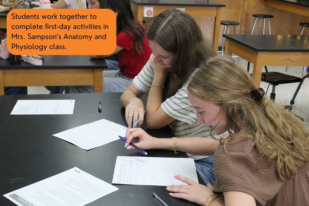 A picture of students working together to complete first-day activities in Mrs. Sampson's Anatomy and Physiology class.