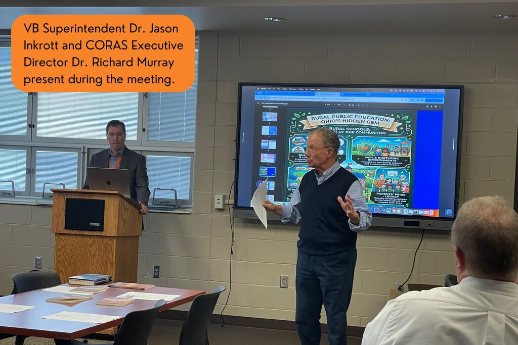 A picture showing VB Superintendent Dr. Jason Inkrott and CORAS Executive Director Dr. Richard Murray presenting during the meeting.