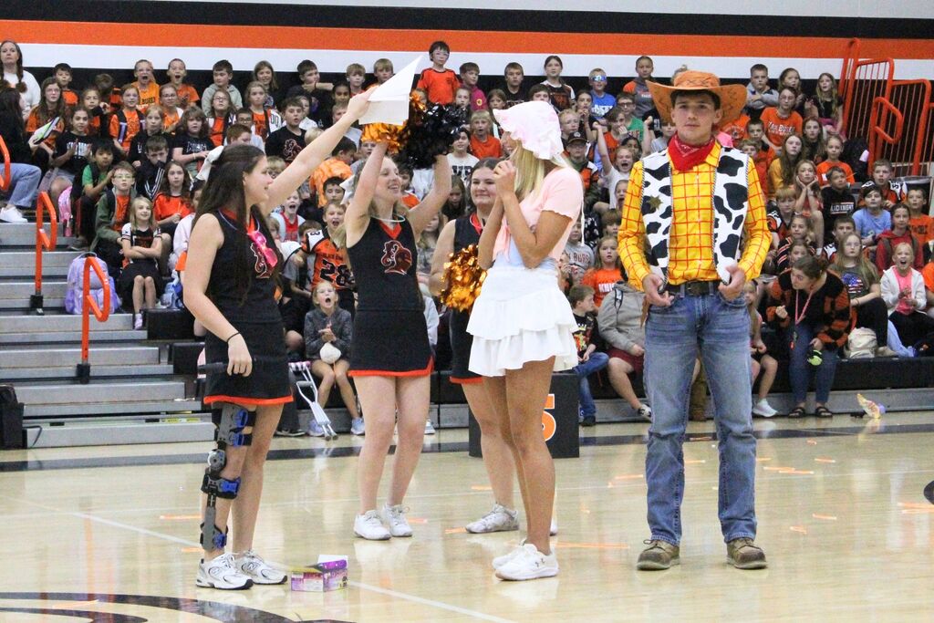 A picture of the cheerleaders asking the students to cheer for their favorite couple.