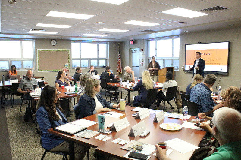 Superintendent Dr. Jason Inkrott and Director of Teaching and Learning Mrs. Cassie Schaffer open the Strategic Plan Advisory Team meeting.