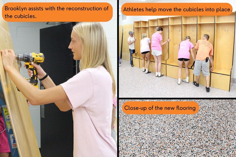 Three images in a collage show Brooklyn helping with the reconstruction of the cubicles, athletes helping move the cubicles into place, and the new expoxy flooring.