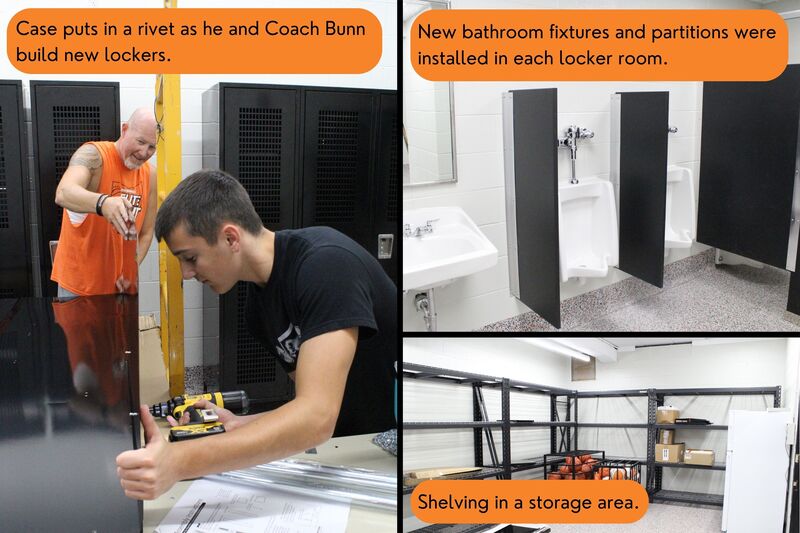 The images show a student and coach putting together the new lockers with rivets, the new bathroom fixtures and partitions, and shelving in a storage area.