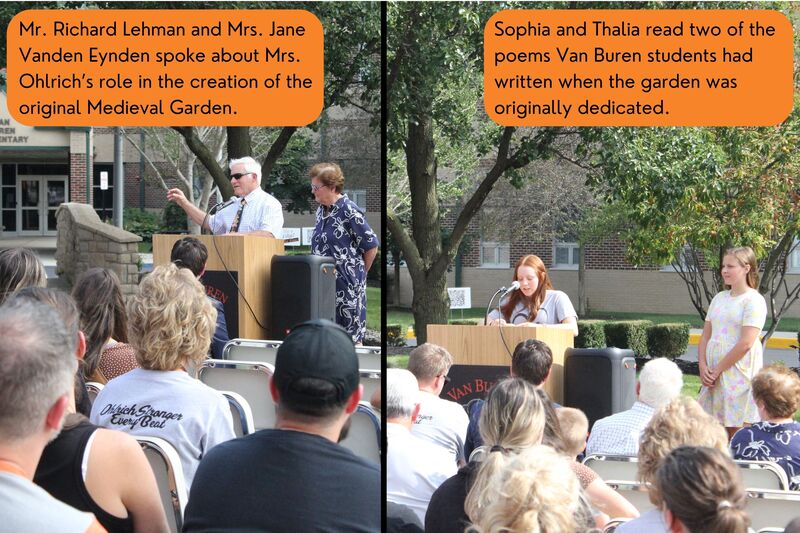 The images show Mr. Richard Lehman, Mrs. Jane Vanden Eynden, Sophia, and Thalia speaking at the garden dedication.