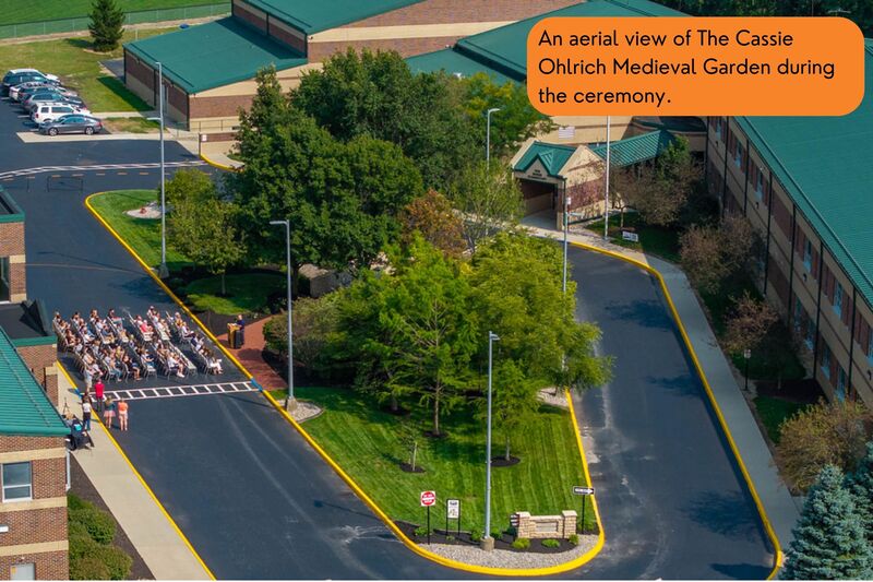 An aerial view of The Cassie Ohlrich Medieval Garden during the ceremony.