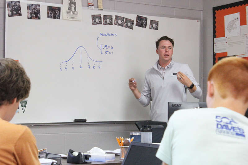 Mr. Addison Carter discusses a problem with his AP Statistics students