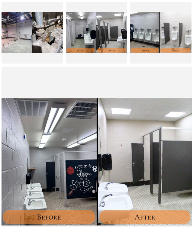 Images of bathroom upgrades - stalls, flooring, sinks