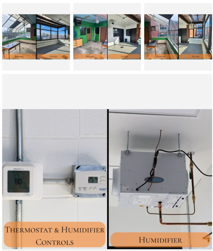 Before and after photos of greenhouse space - new windows humidifier, floor, doors
