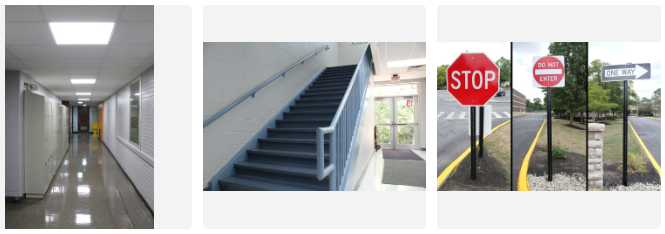 Painted hallways, stairs, and sign posts