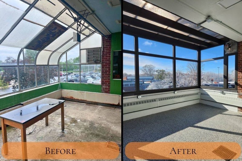 Before and after pictures of the high school greenhouse renovation.