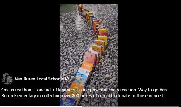 Video of cereal boxes falling like dominoes.