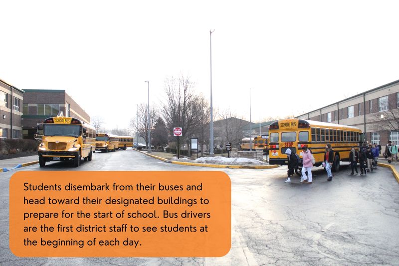 Students disembark from their buses and head toward their designated buildings to prepare for the start of school. Bus drivers are the first district staff to see students at the beginning of each day.