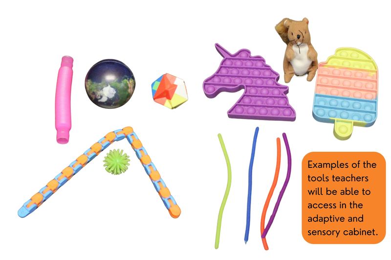 Examples of the adaptive and sensory tools teachers will be able to access in the adaptive and sensory cabinet.