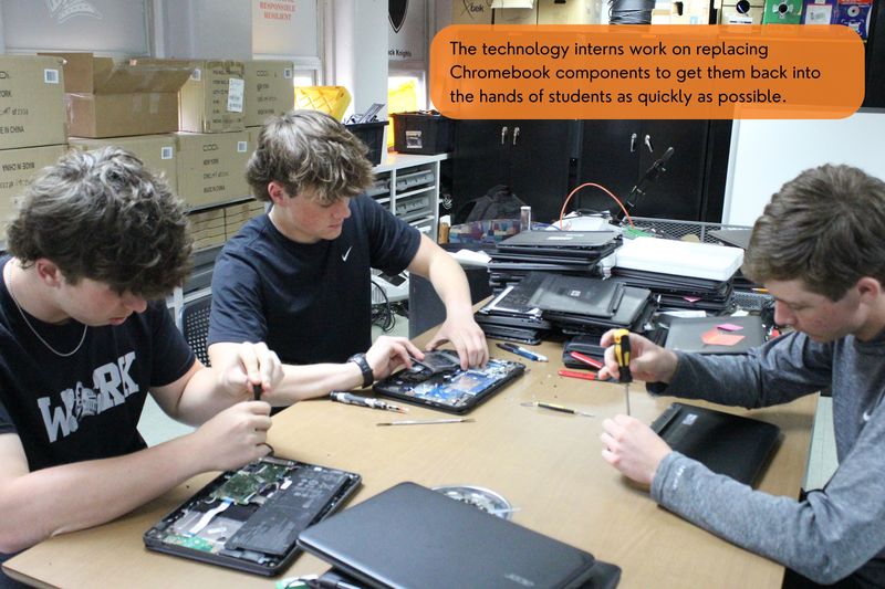 The technology interns work on replacing Chromebook components to get them back into the hands of students as quickly as possible.