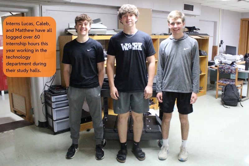 Interns Lucas, Caleb, and Matthew have all logged over 60 internship hours this year working in the technology department during their study halls.