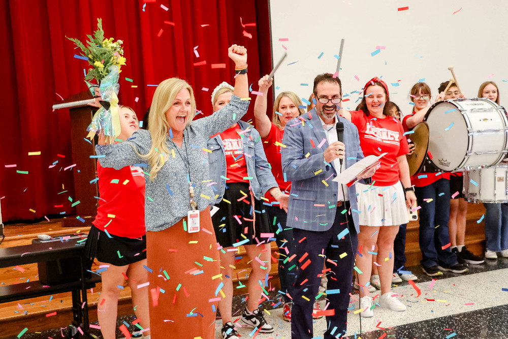 jenny shaw excited as named teacher of the year with confetti falling