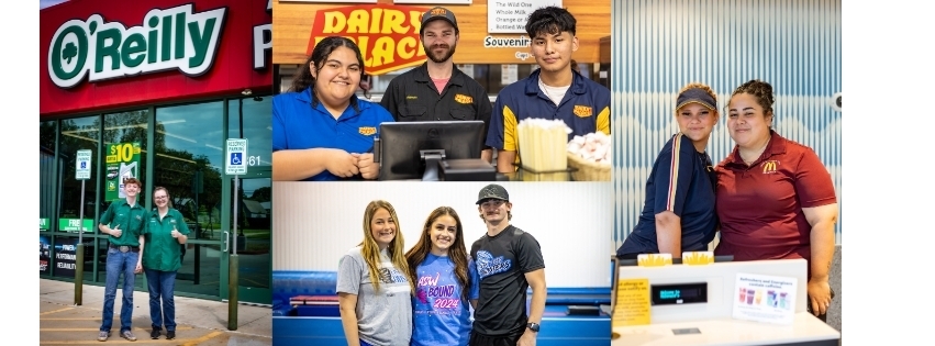 4 students + their managers outside local businesses