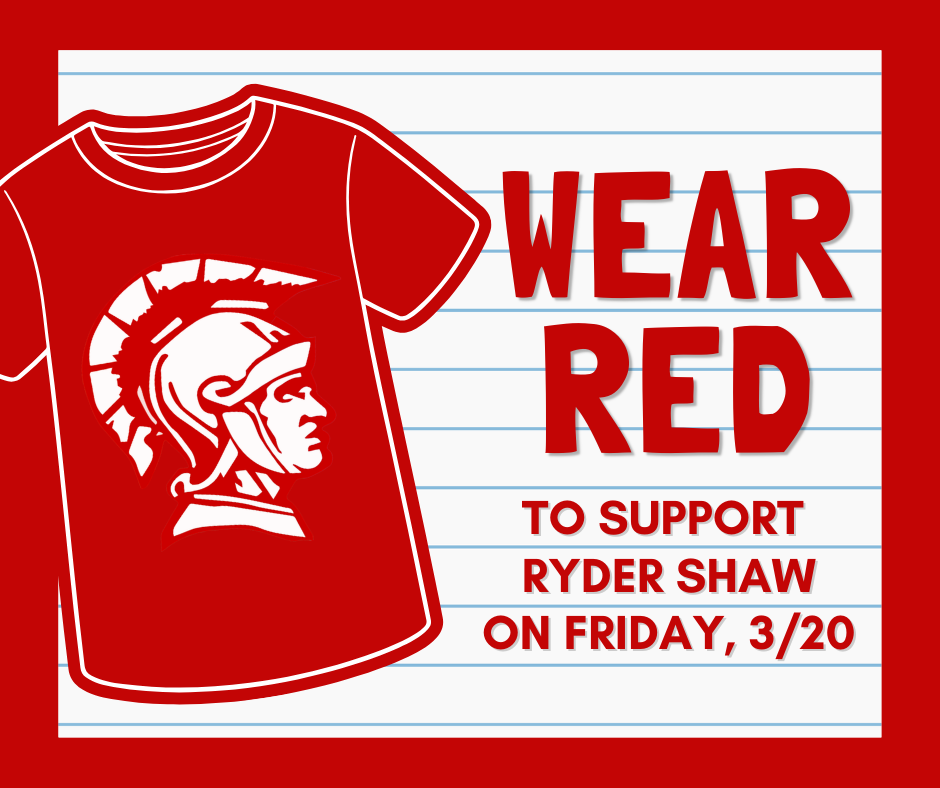 wear red to support ryder shaw on friday, 3/20