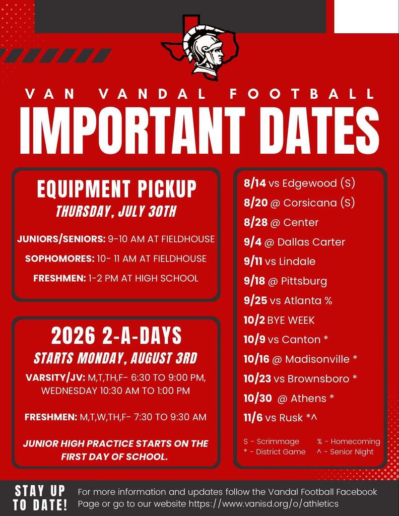Van Vandal Football Important Dates