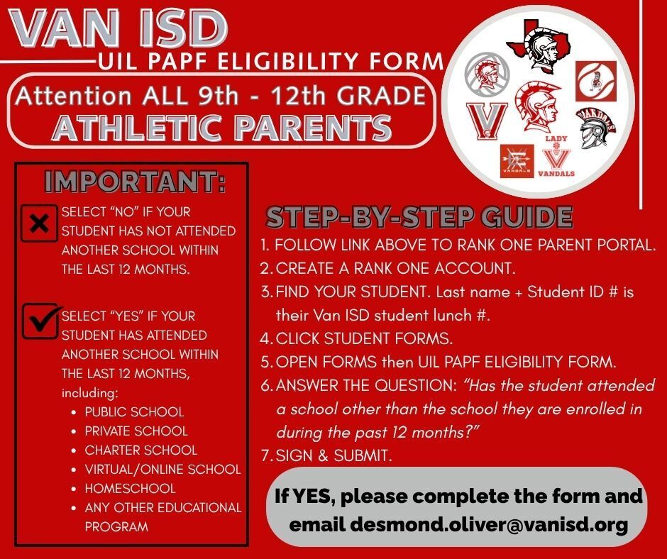 Van ISD UIL PAPF Eligibility form 