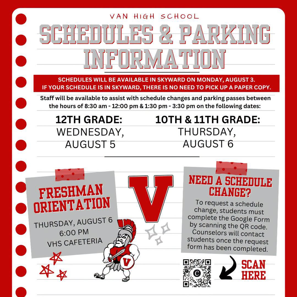info graph describing Van High School schedules and parking information