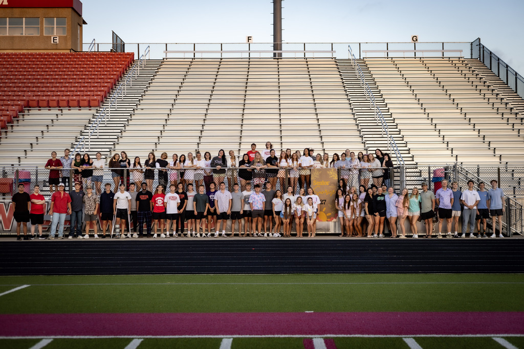 Group of 2027 Seniors at Mal Fowler stadium for Senior Sunrise