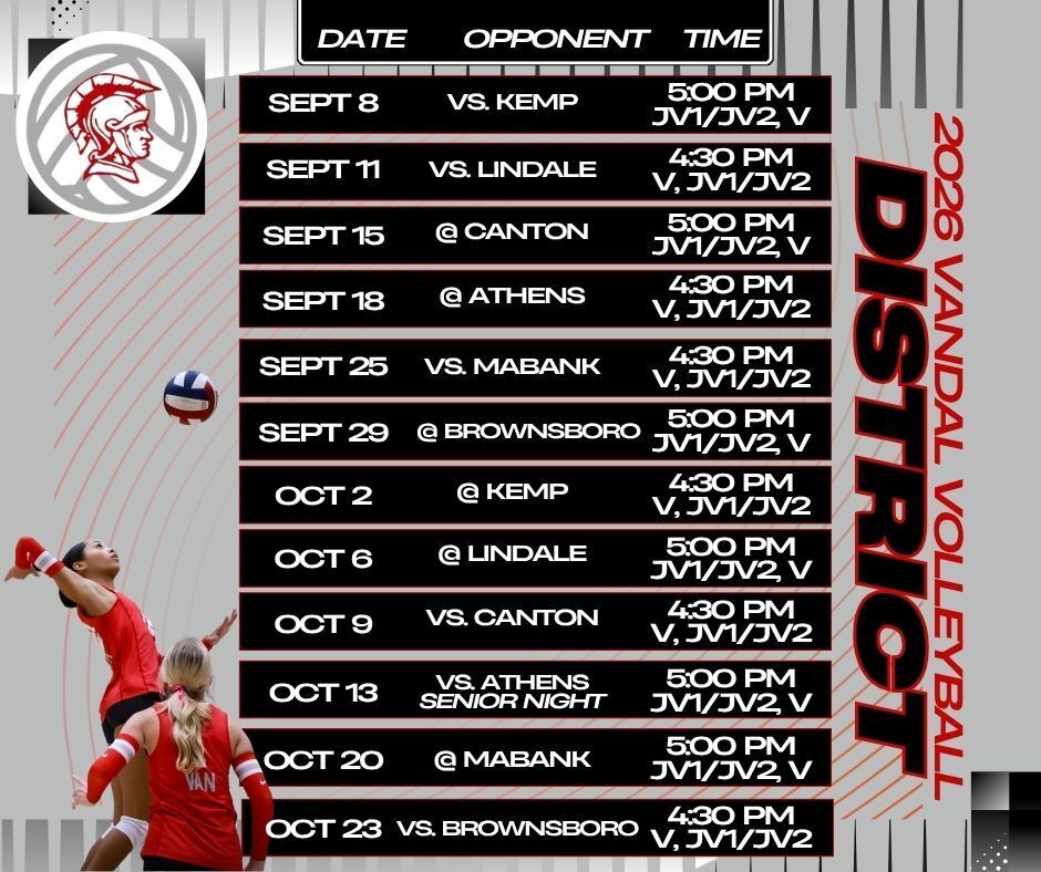 2026 Vandal Volleyball District Schedule