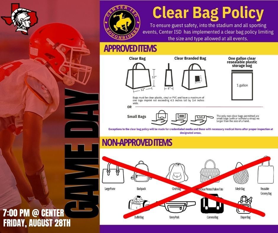 clear bag policy van vs. center august 28th 7 pm 