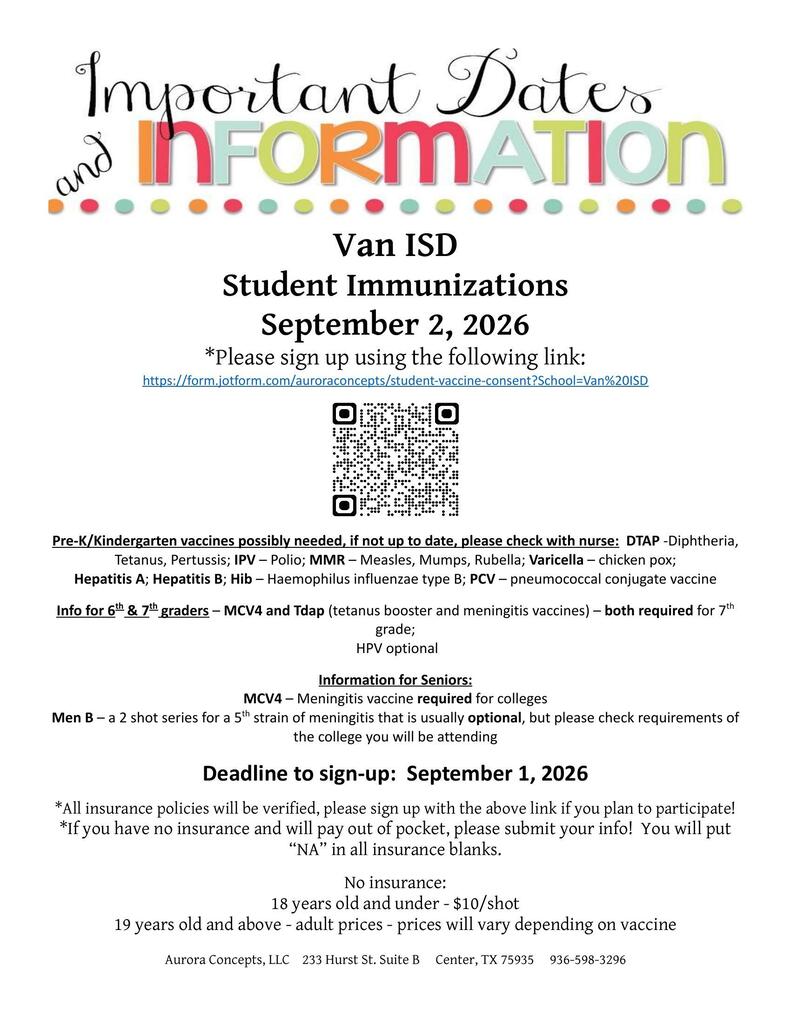 Van ISD Student Immunications September 2nd, 2026