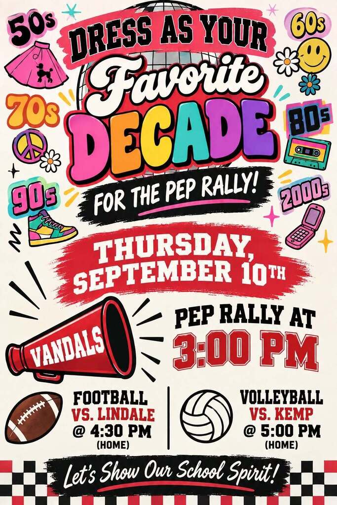 Dress as your Favorite Decade for the Pep Rally! Thursday September 10th Pep Rally at 3:00 PM Football vs. Lindale Volleyball vs. Kemp
