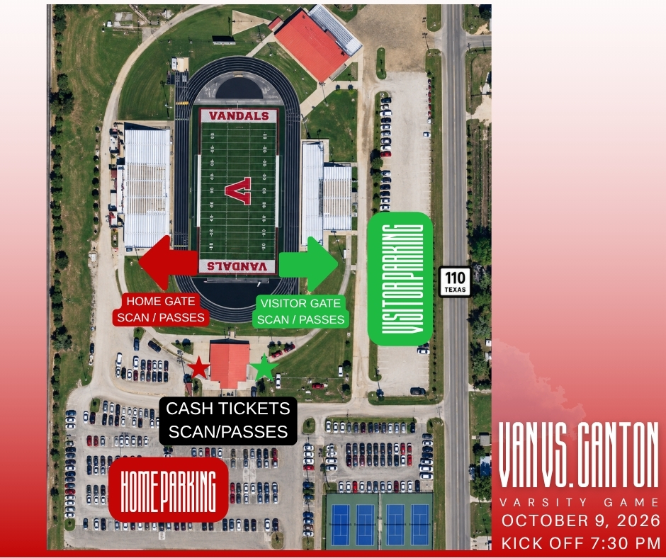 Van vs. Canton Varsity Game October 9, 2026 Kick off 7:30 PM 