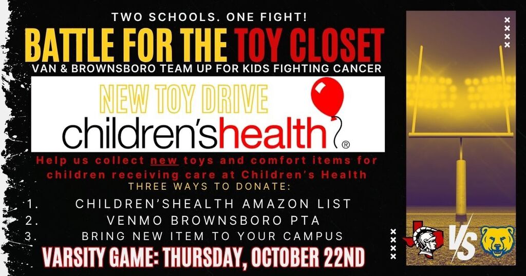 Two Schools. One Fight! Battle for the Toy Closet Van & Brownsboro Team Up for Kids Fighting Cancer New Toy Drive Children's health