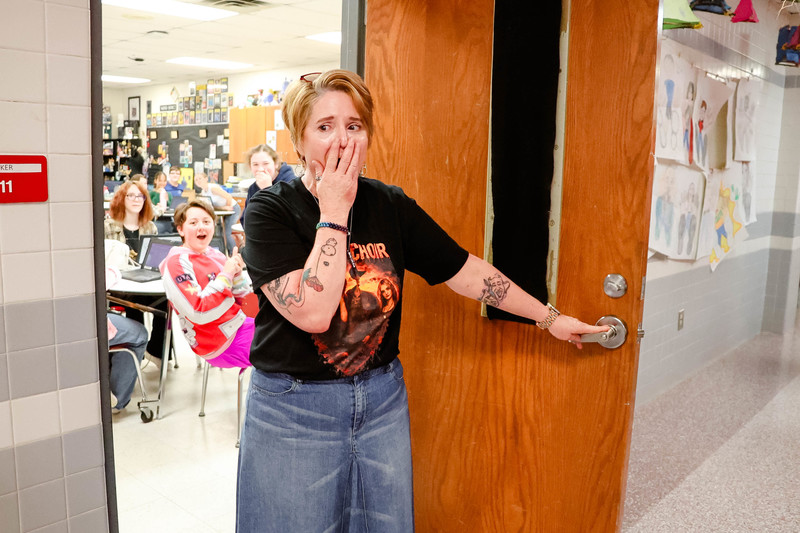mrs. barker surprised as teacher of the year