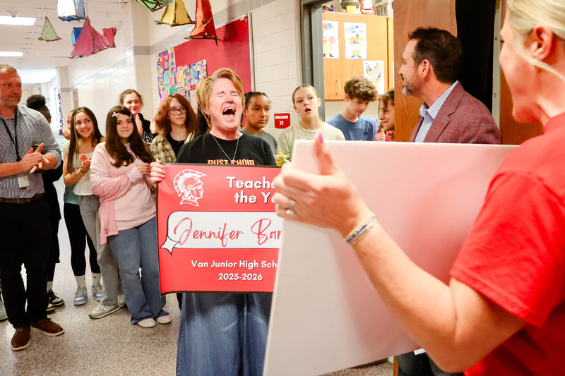 mrs. barker surprised as teacher of the year