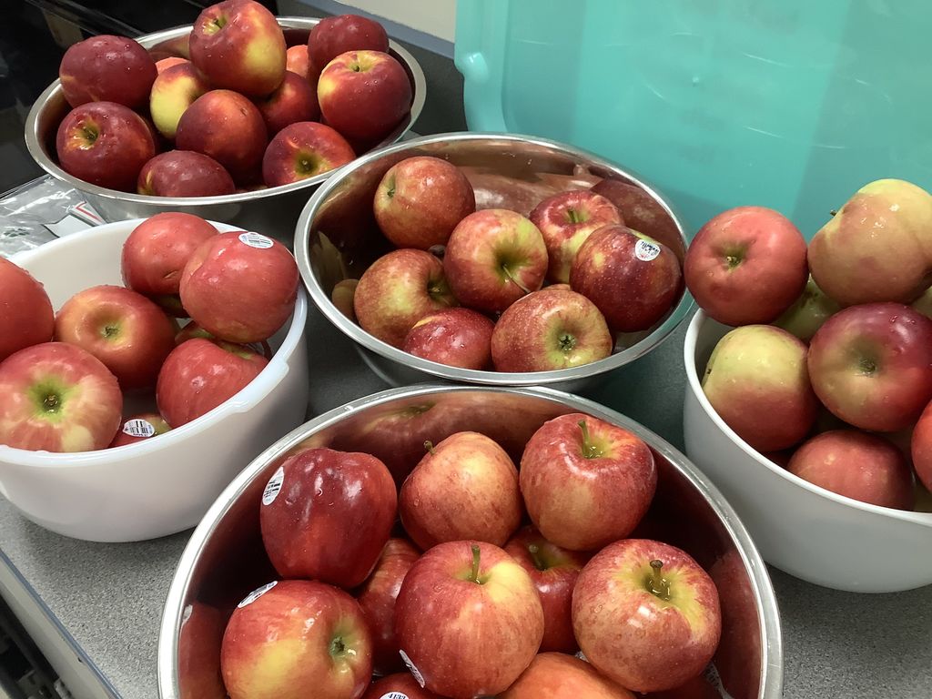 Five bowls full of apples.