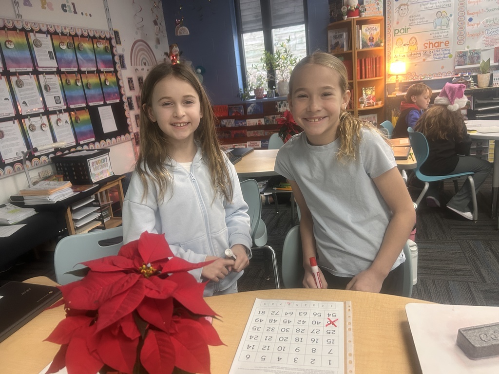 Two students standing at a desk with a red plant