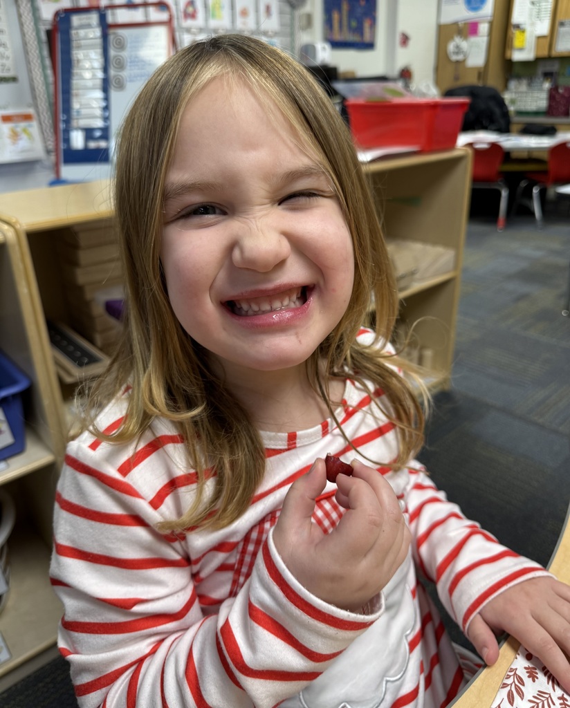 A student in a red and white striped shirt holding a cranberry they had taken a bite of and smiling for the camera.