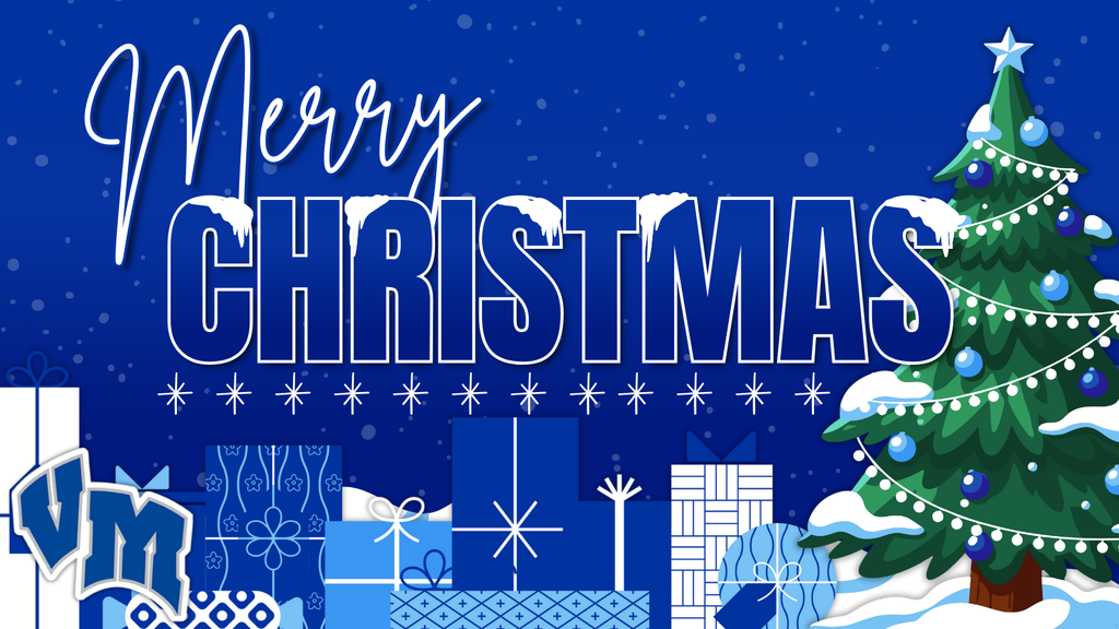 Merry Christmas and Christmas scene with presents and a decorated tree.