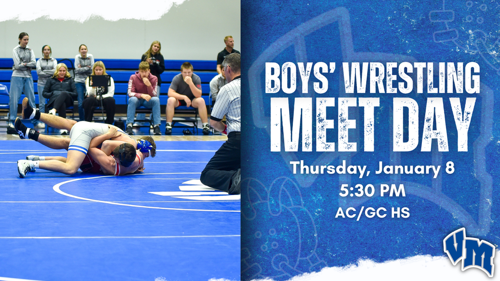 Boys' Wrestling Meet Day post with two high school wrestlers competing on a blue mat with spectators watching from the bleachers during a boys' wrestling meet. The meet is on Thursday, January 8 at 5:30 pm at Ac/GC HS.