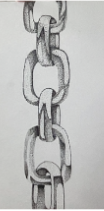 Close-up of a vertical metal chain with interlocking oval links showing texture and shading.