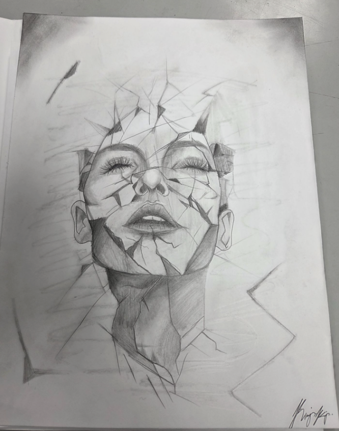 Pencil sketch of a person's head and shoulders with abstract geometric lines and shading on white paper.